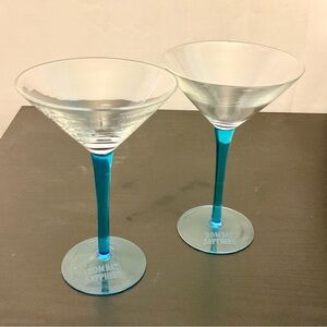 2 Etched Bombay Sapphire Blue Stem Martini Glasses Vintage Collectible
